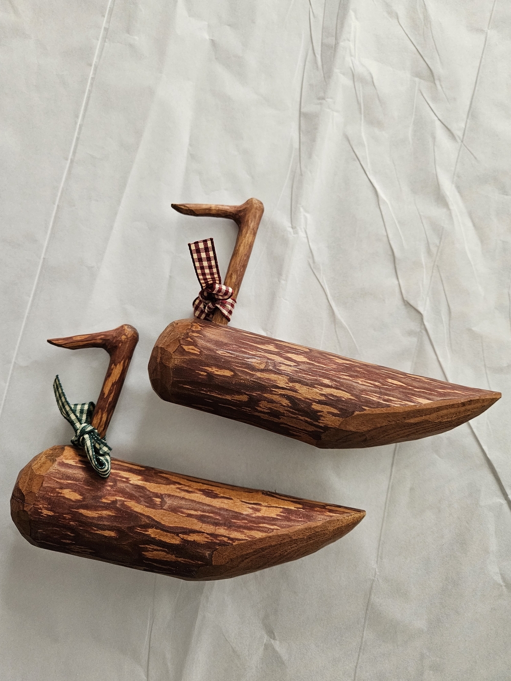 Korean Wedding Ducks Pair Brown Wood Bird Sculptures with Check Ribbon